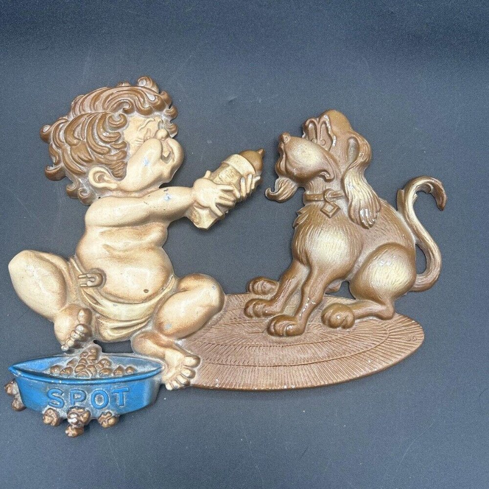 Vintage Sexton Cast Metal Child with Dog Wall Art Hanging Plaque 1976, 1227